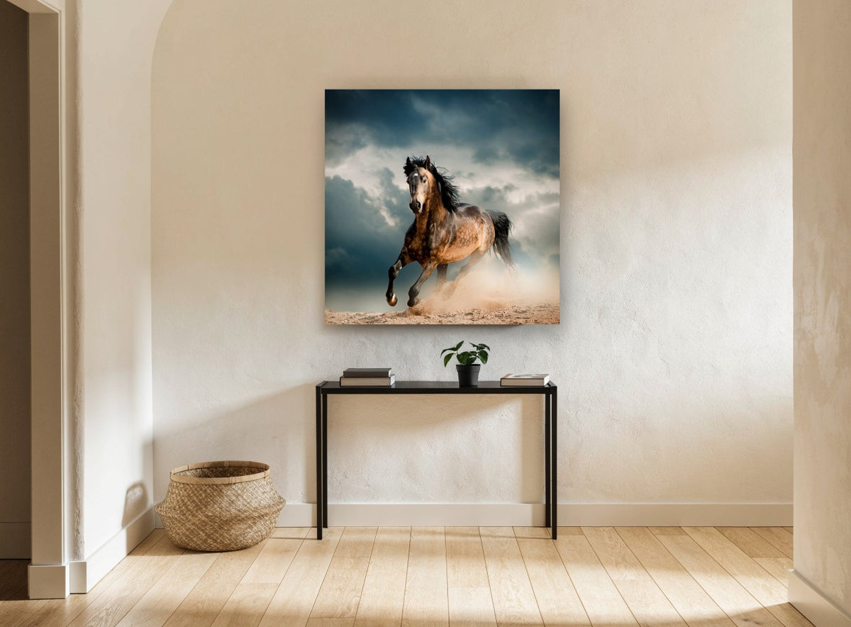 Dust Storm Gallop animal canvas print on the wall of a hallway