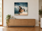 Dust Storm Gallop animal canvas print on the wall of a living room above a sideboard
