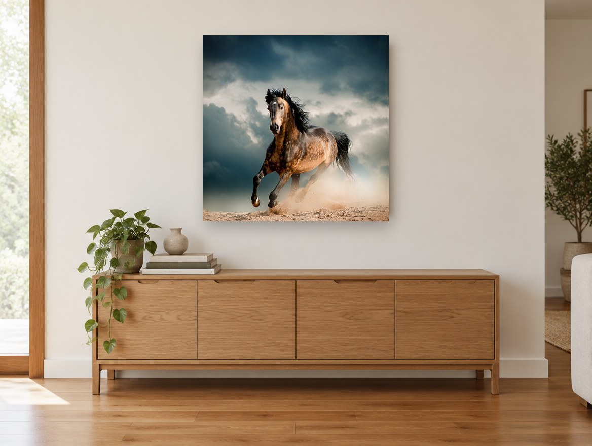 Dust Storm Gallop animal canvas print on the wall of a living room above a sideboard