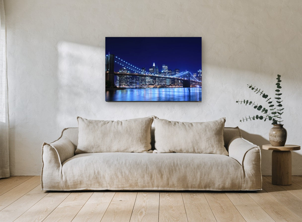 Brooklyn Bridge Blue Hour city canvas print on the wall of a living room