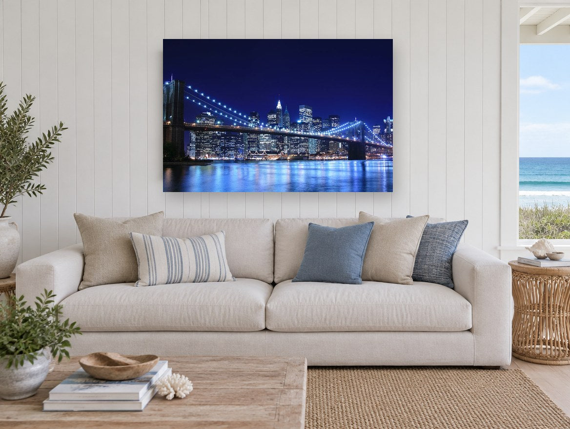 Brooklyn Bridge Blue Hour city canvas print on the wall of a beach house living room