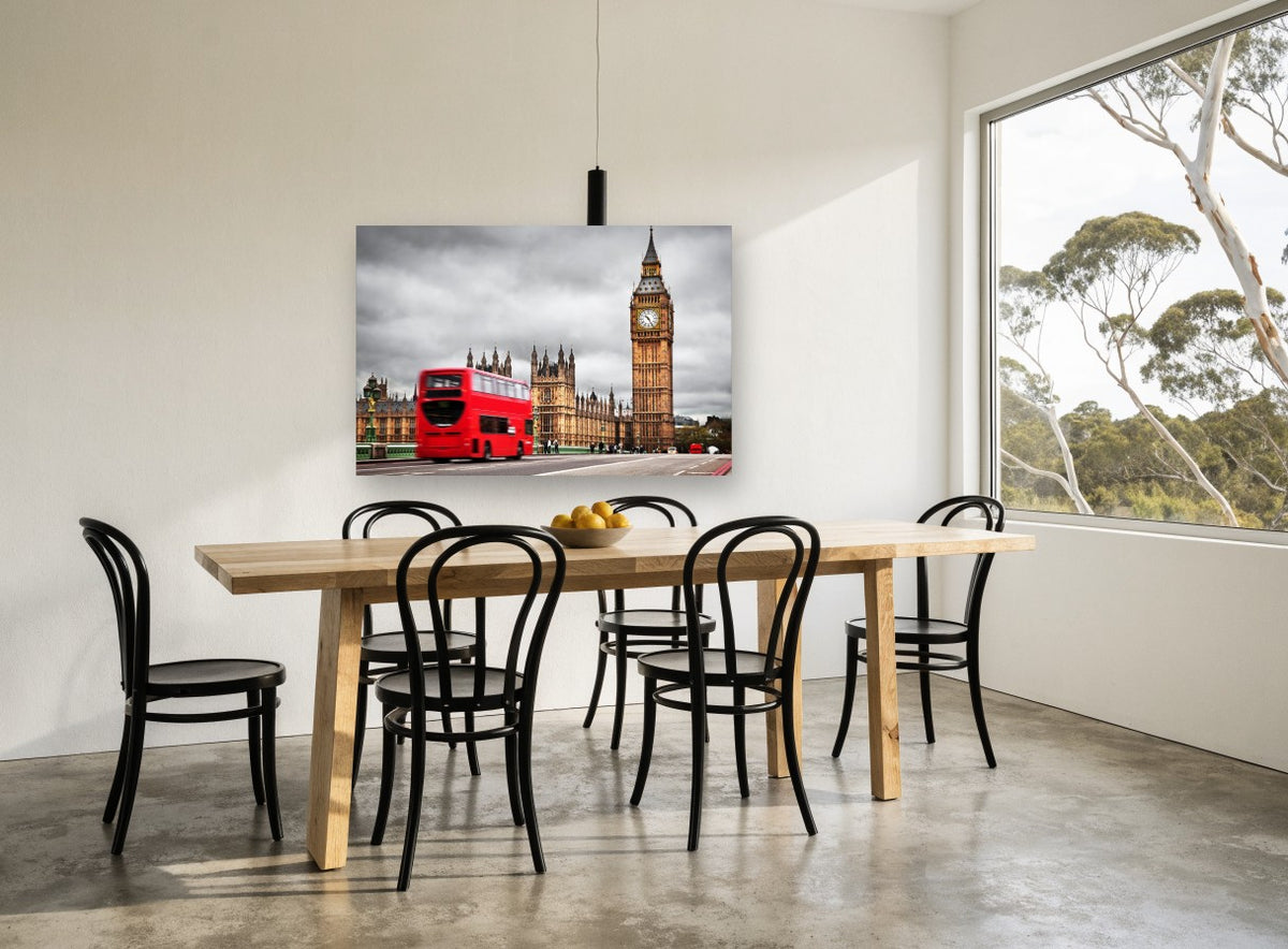 Red Bus at Westminster city canvas print on the wall of a dining room
