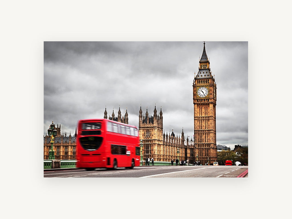Red Bus at Westminster, london red bus big ben photograph, city canvas wall art print, front view