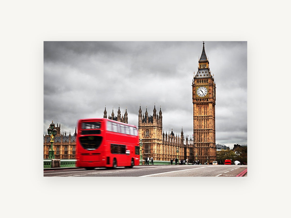 Red Bus at Westminster, london red bus big ben photograph, city canvas wall art print, front view