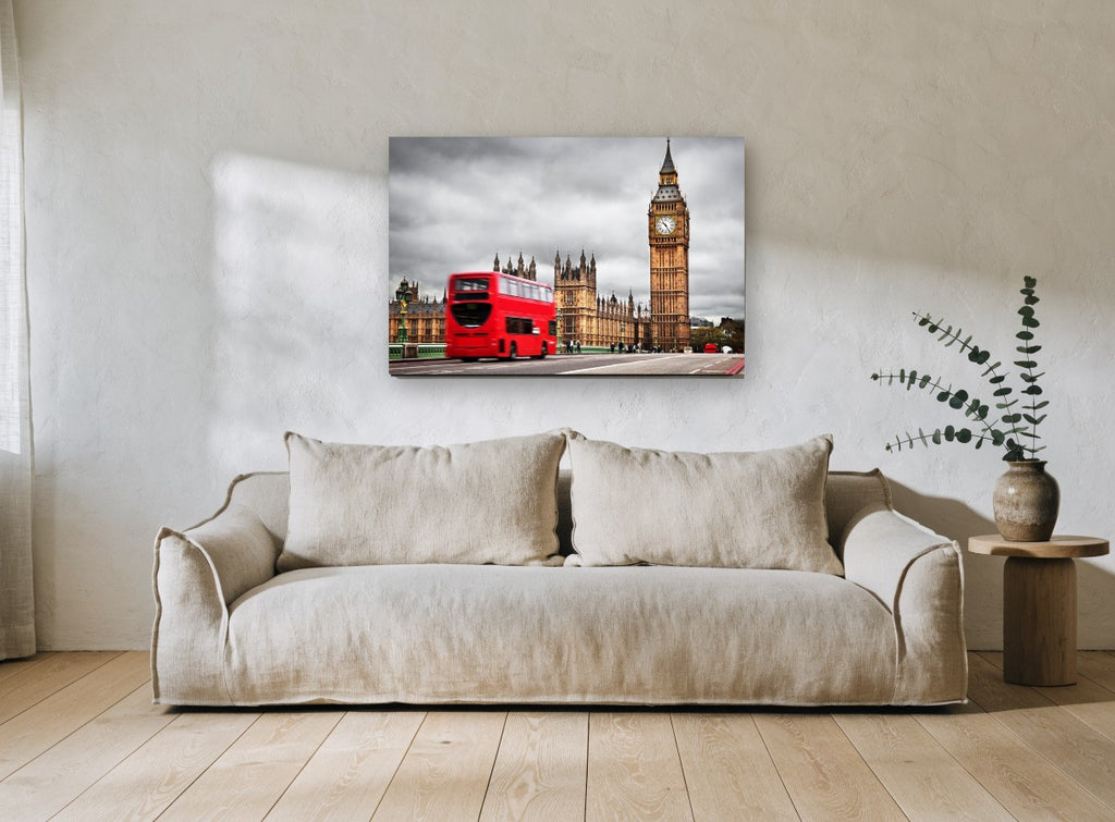 Red Bus at Westminster city canvas print on the wall of a living room