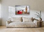 Red Bus at Westminster city canvas print on the wall of a living room