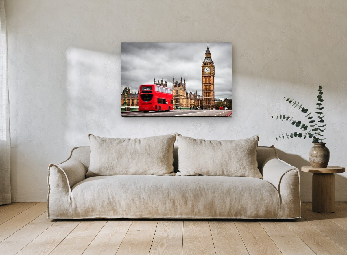 Red Bus at Westminster city canvas print on the wall of a living room