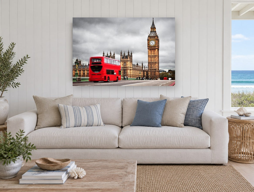 Red Bus at Westminster city canvas print on the wall of a beach house living room