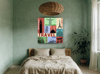 Travel Landmarks Collage vintage canvas print on the wall of a bedroom