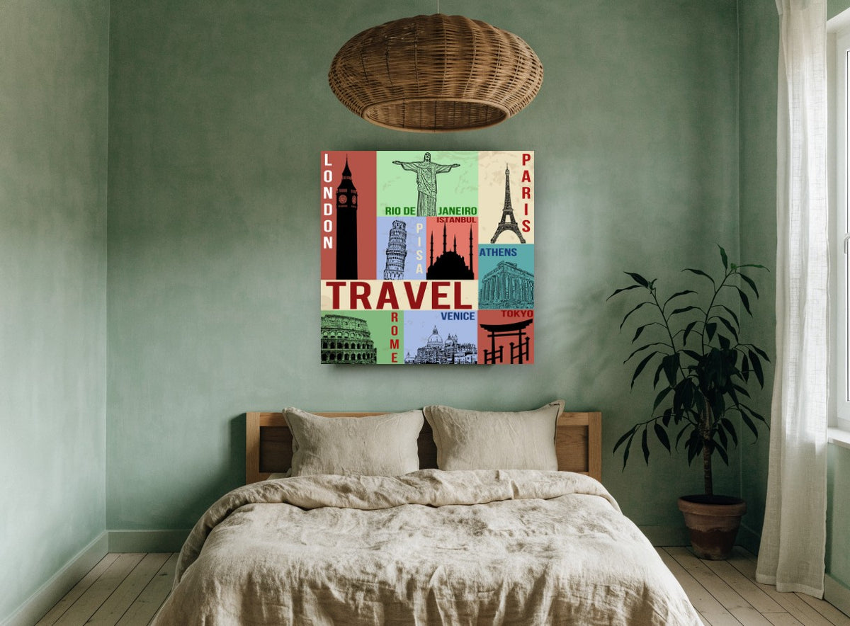 Travel Landmarks Collage vintage canvas print on the wall of a bedroom