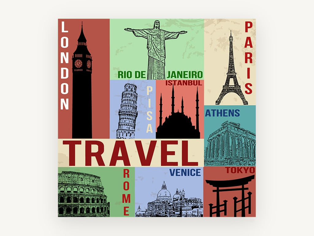 Travel Landmarks Collage, vintage canvas wall art print, front view