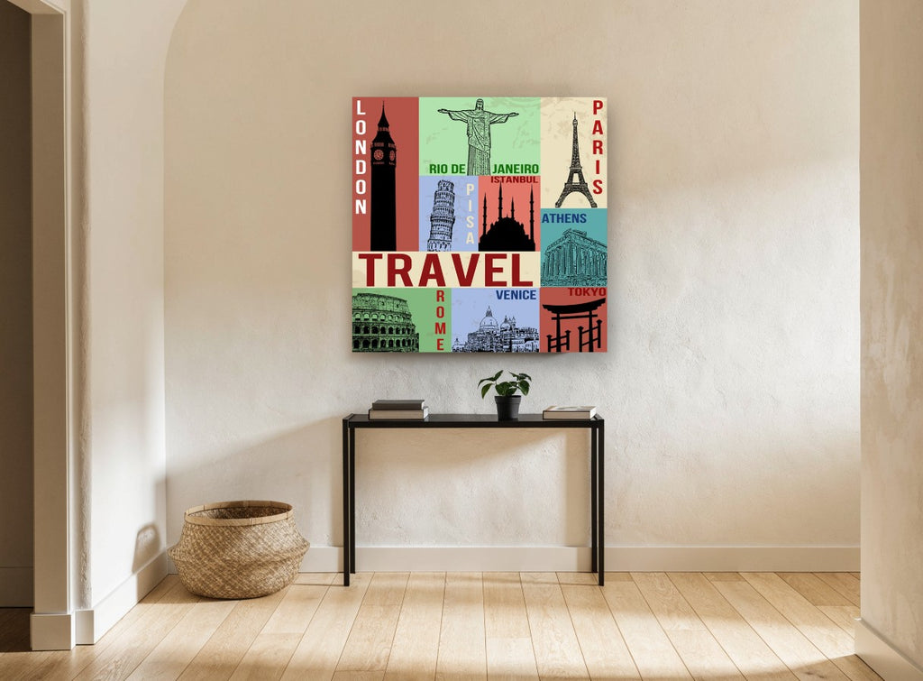 Travel Landmarks Collage vintage canvas print on the wall of a hallway