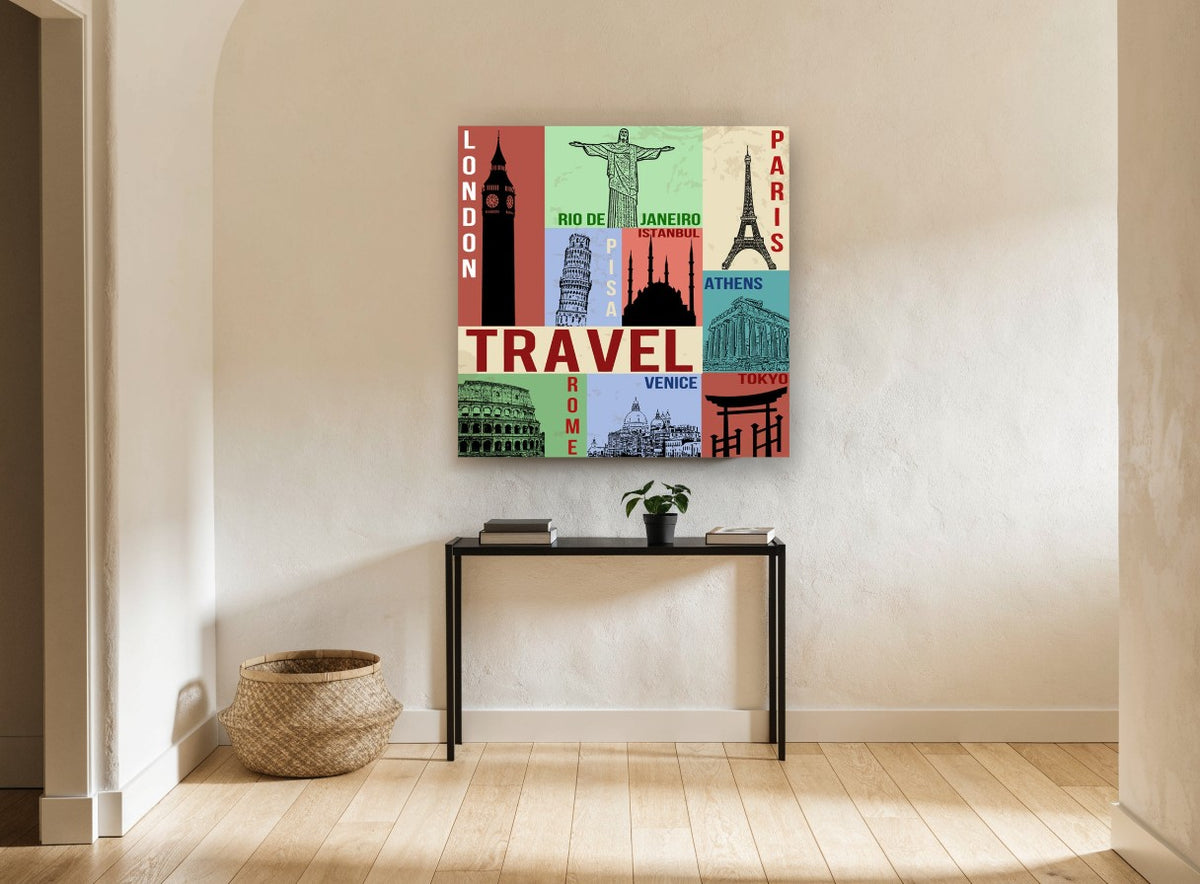 Travel Landmarks Collage vintage canvas print on the wall of a hallway