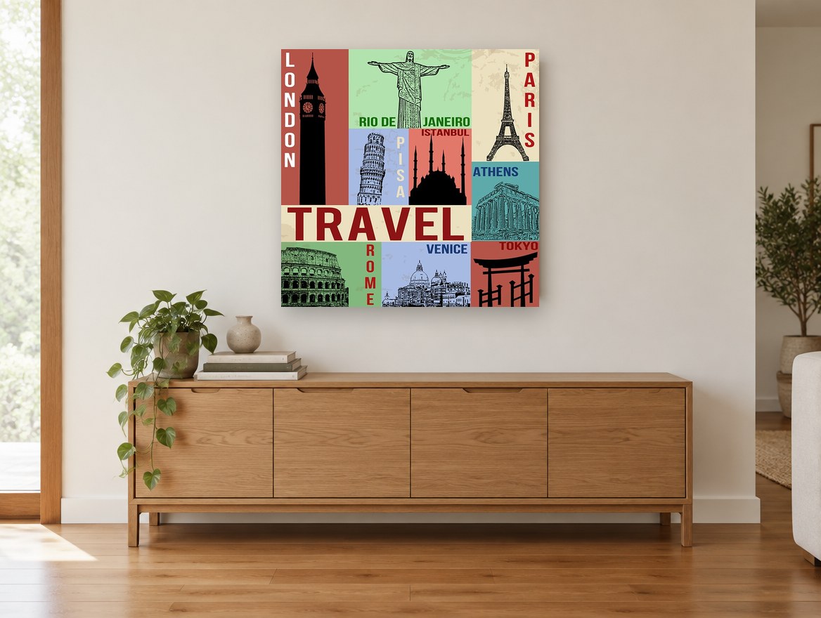 Travel Landmarks Collage vintage canvas print on the wall of a living room above a sideboard