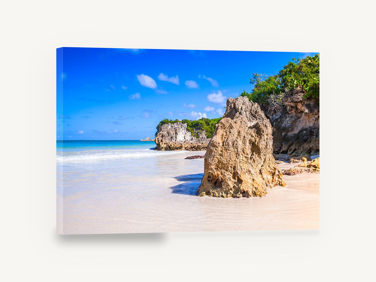 Sandstone Beach Sentinel, tropical beach rock photograph, coastal canvas wall art print ready to hang