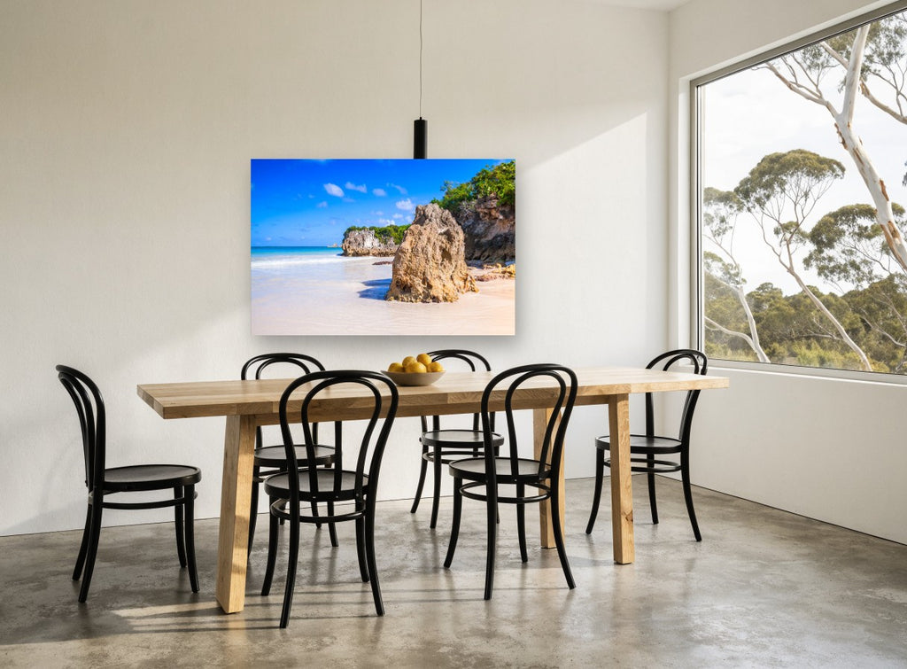 Sandstone Beach Sentinel coastal canvas print on the wall of a dining room