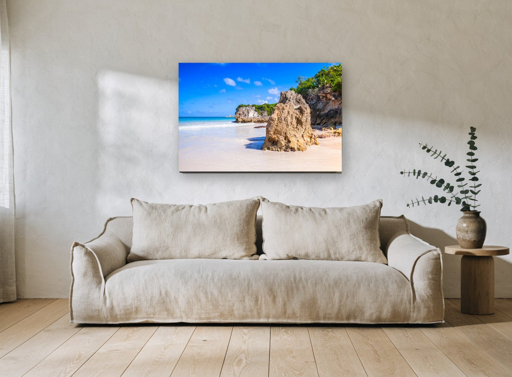 Sandstone Beach Sentinel coastal canvas print on the wall of a living room
