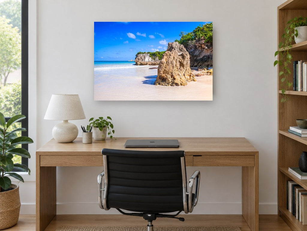 Sandstone Beach Sentinel coastal canvas print on the wall of a study