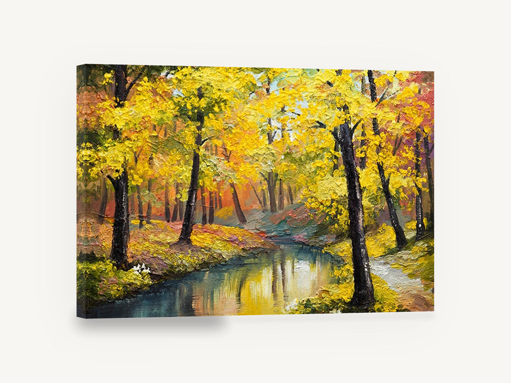 Golden Creek Grove, autumn forest creek impasto artwork, landscape canvas wall art print ready to hang