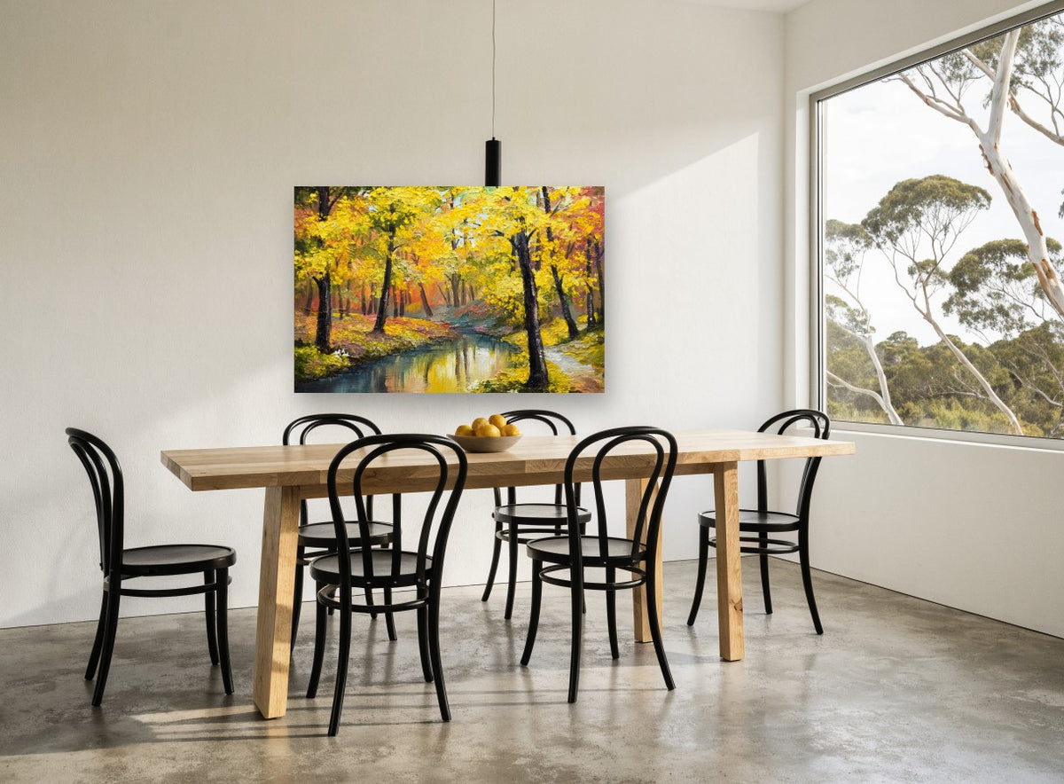 Golden Creek Grove landscape canvas print on the wall of a dining room
