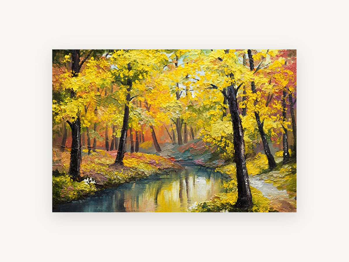Golden Creek Grove, autumn forest creek impasto artwork, landscape canvas wall art print, front view