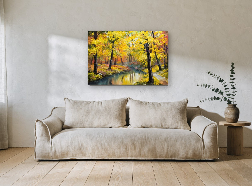 Golden Creek Grove landscape canvas print on the wall of a living room
