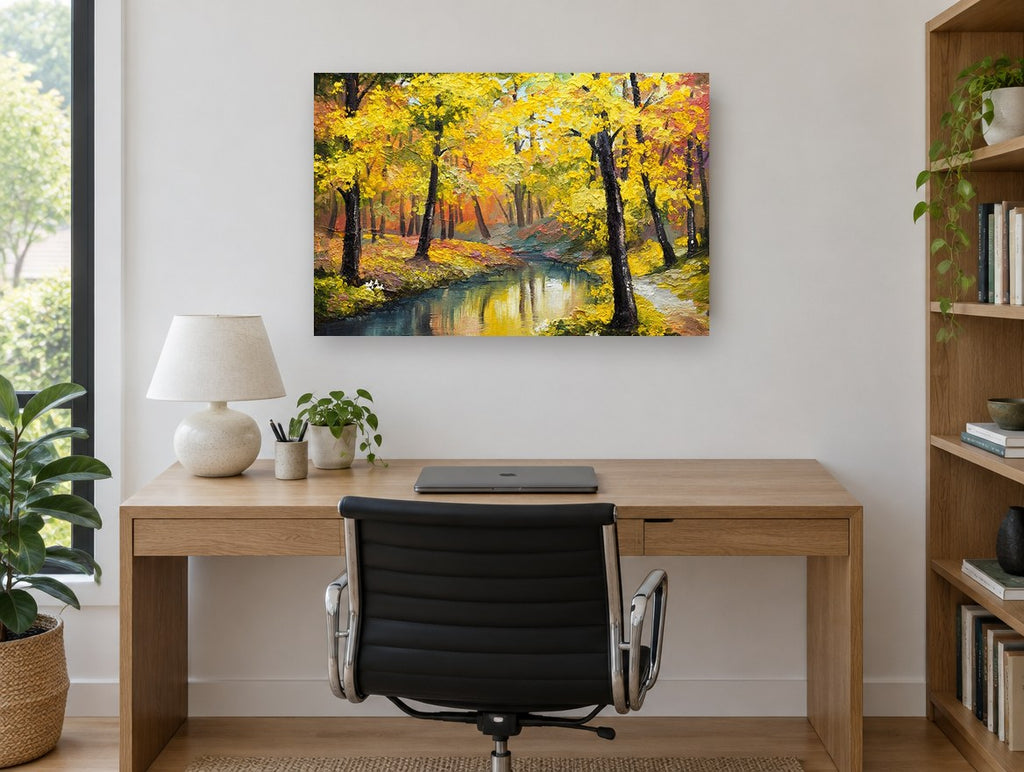 Golden Creek Grove landscape canvas print on the wall of a study