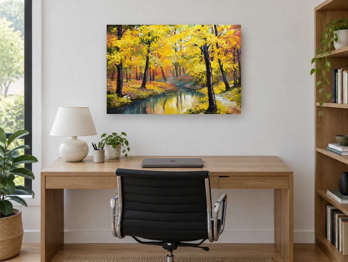 Golden Creek Grove landscape canvas print on the wall of a study