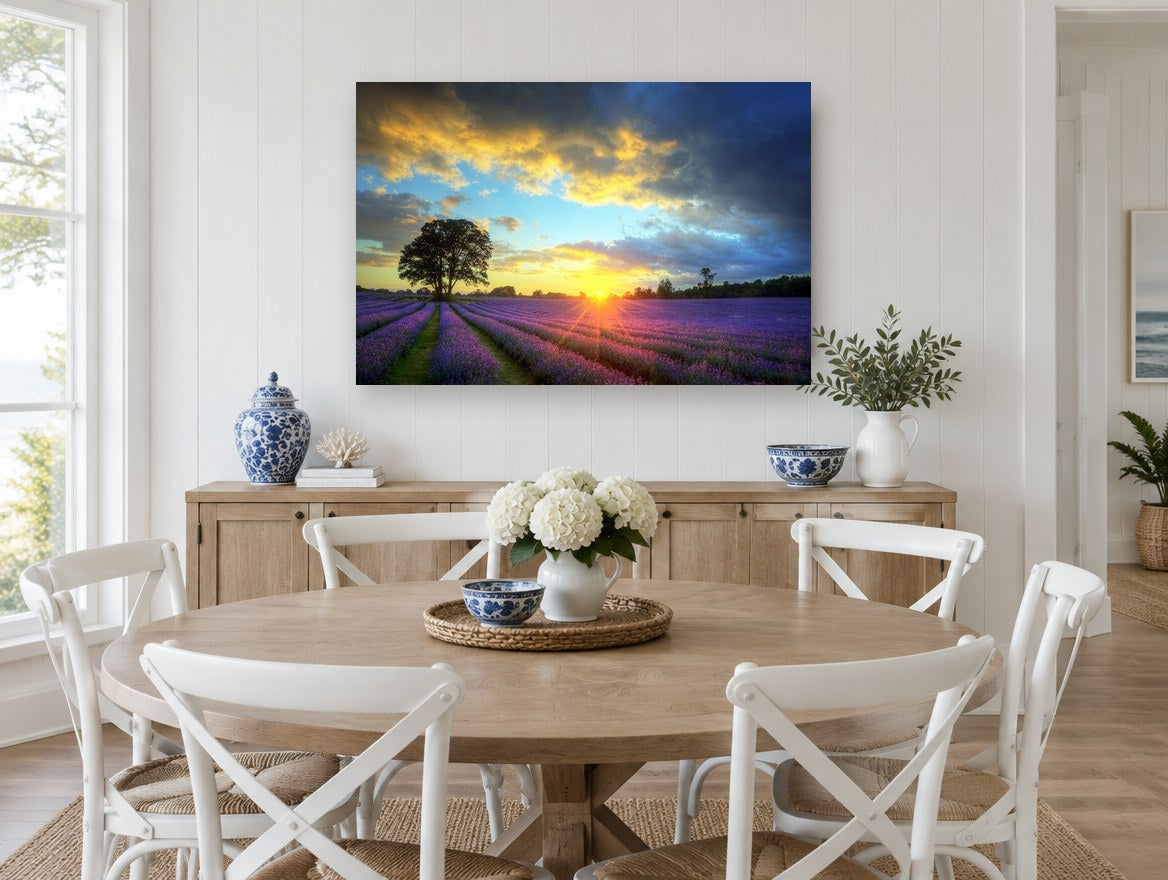 Lavender Field Sunset floral canvas print on the wall of a Hamptons dining room