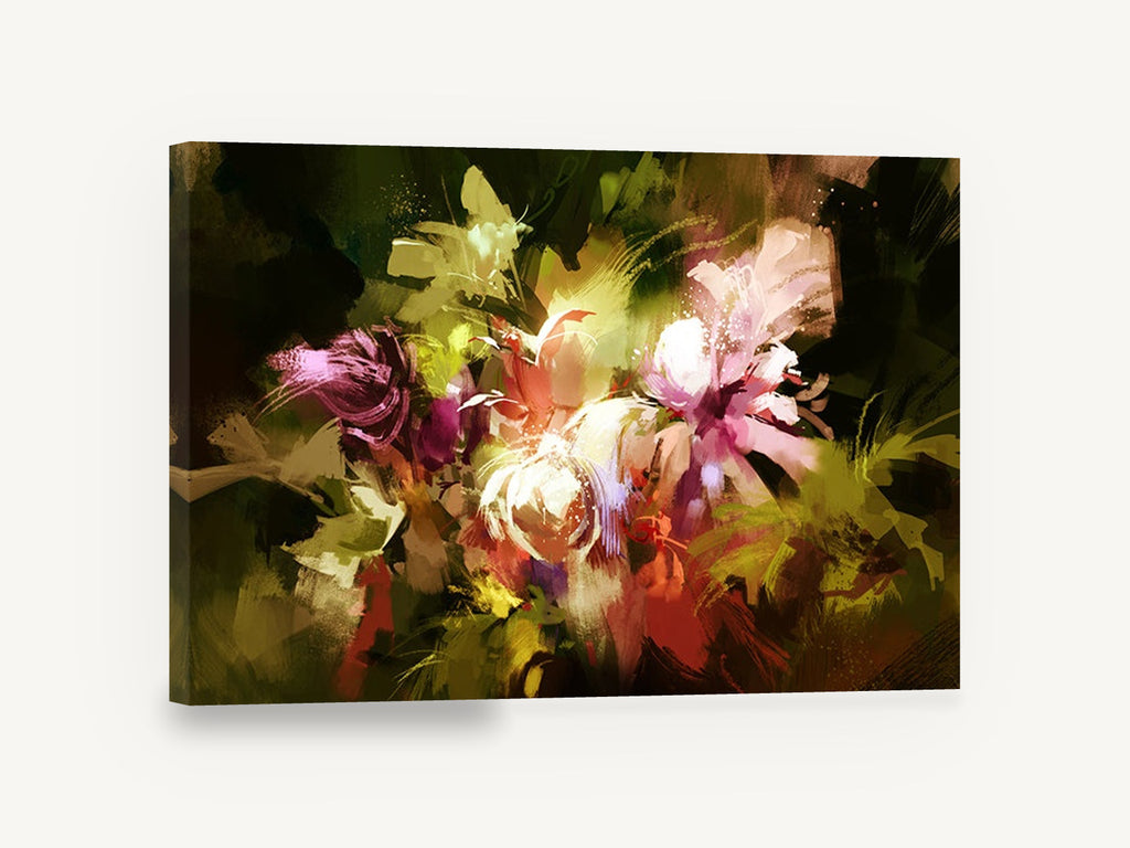 Glowing Bouquet at Dusk, abstract flower bouquet digital artwork, floral canvas wall art print ready to hang