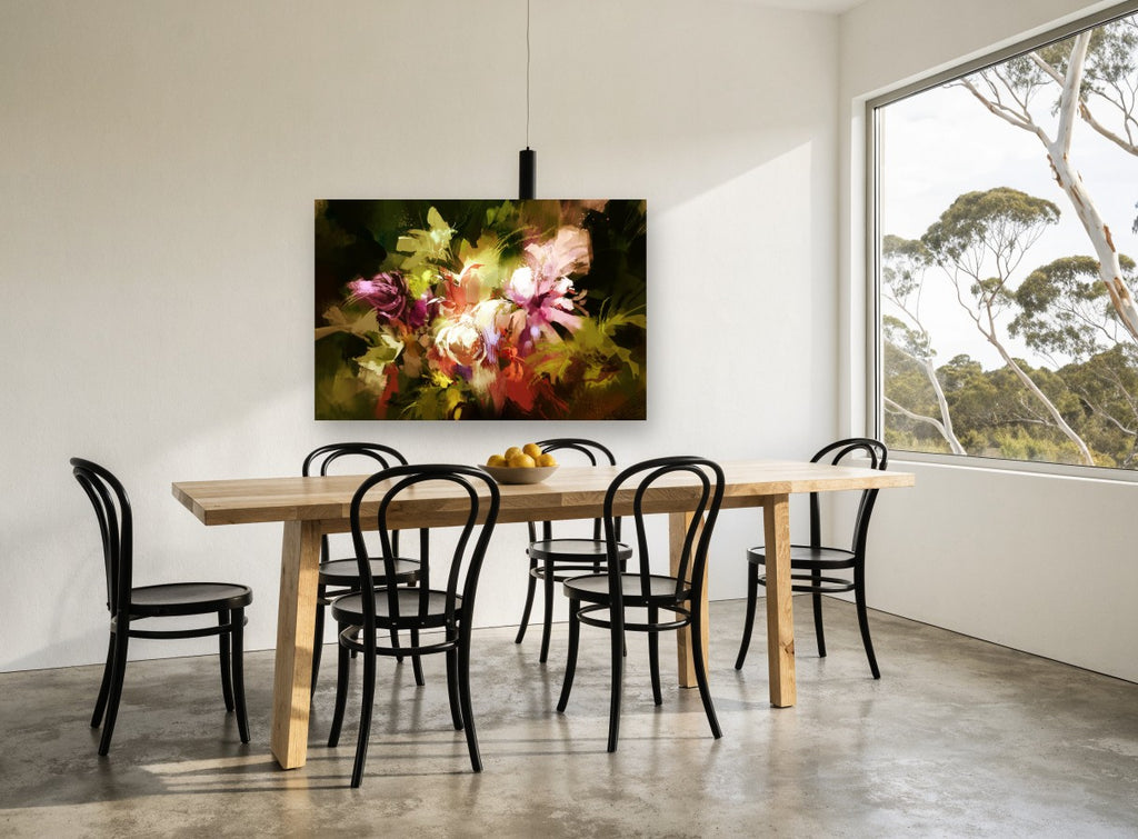 Glowing Bouquet at Dusk floral canvas print on the wall of a dining room
