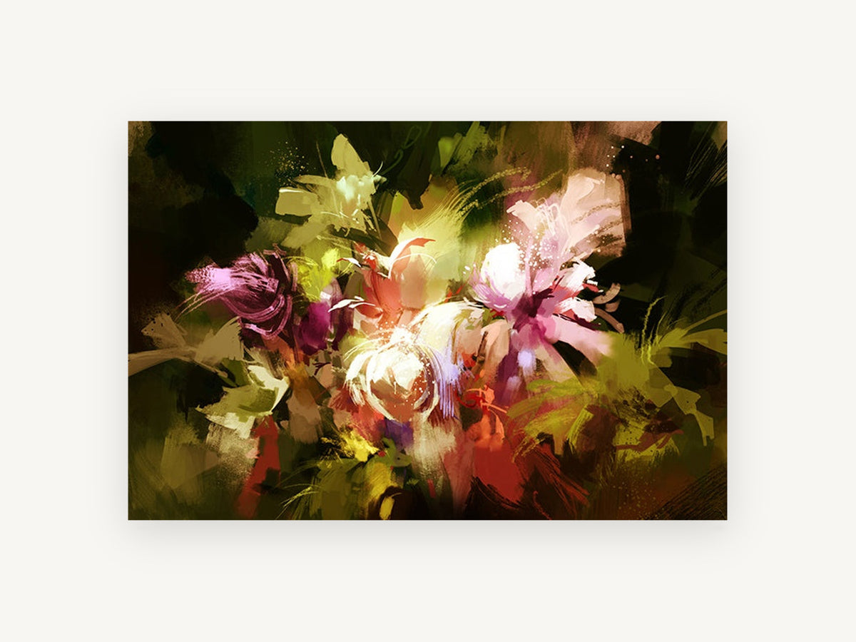 Glowing Bouquet at Dusk, floral canvas wall art print, front view