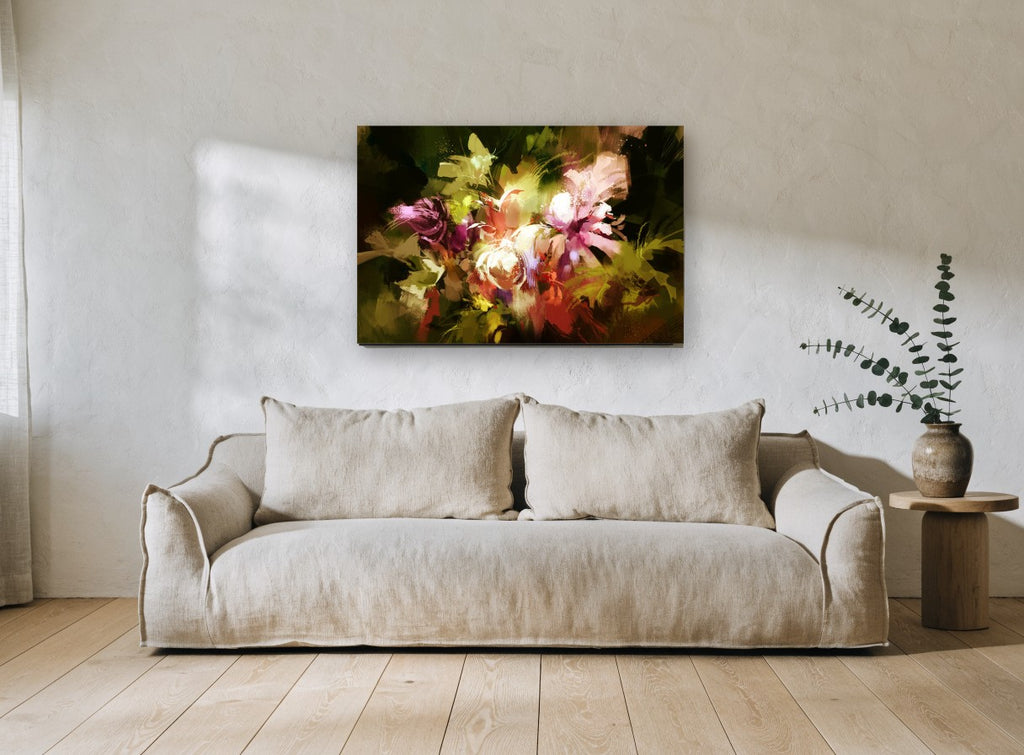 Glowing Bouquet at Dusk floral canvas print on the wall of a living room