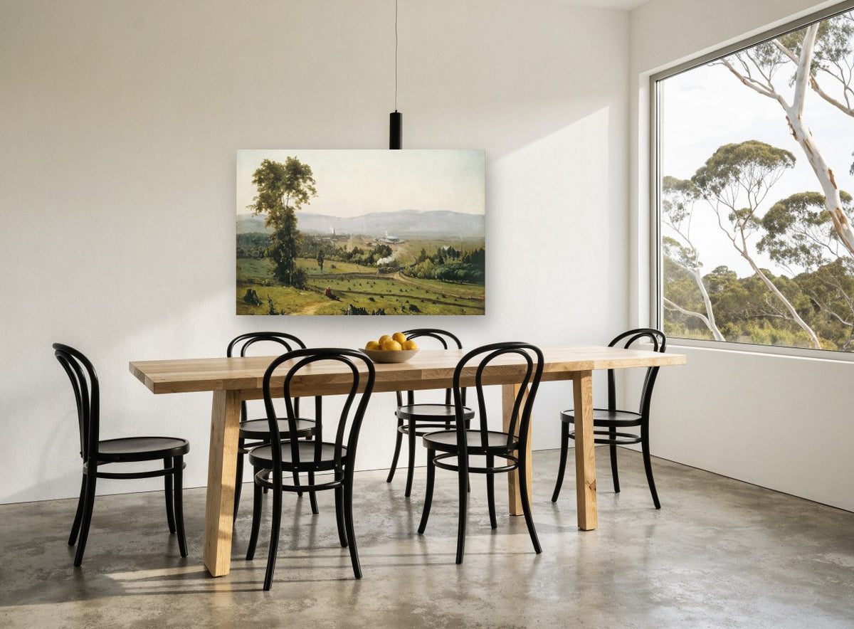 Valley Railway Vista landscape canvas print on the wall of a dining room