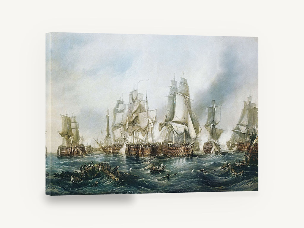 Smoke Over Rough Seas, tall ships naval battle seascape painting, coastal canvas wall art print ready to hang