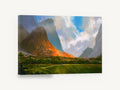 Sunlit Peak Over Green Valley, mountain valley digital landscape art, landscape canvas wall art print ready to hang