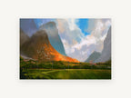 Sunlit Peak Over Green Valley, mountain valley digital landscape art, landscape canvas wall art print, front view