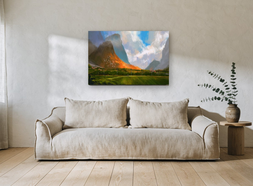 Sunlit Peak Over Green Valley landscape canvas print on the wall of a living room