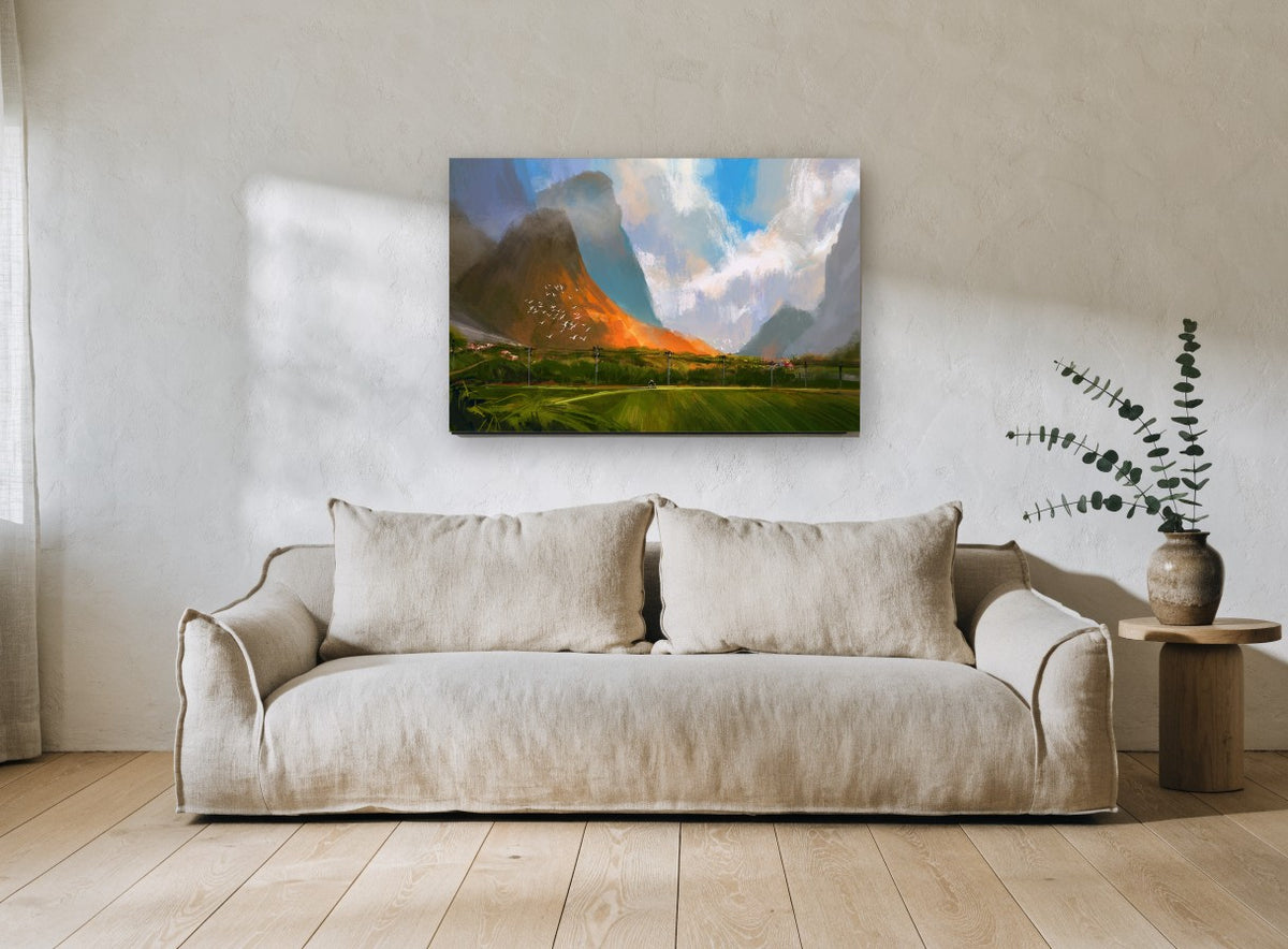 Sunlit Peak Over Green Valley landscape canvas print on the wall of a living room