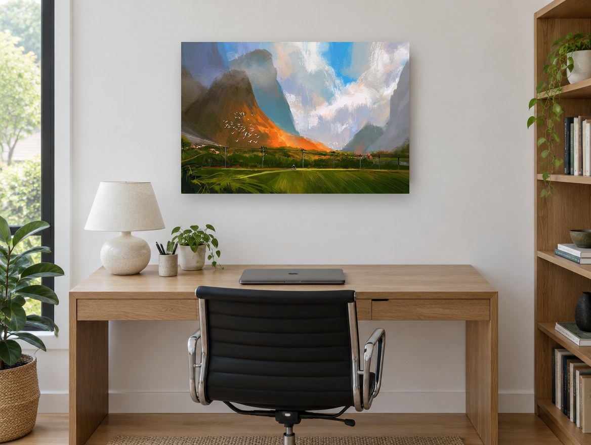 Sunlit Peak Over Green Valley landscape canvas print on the wall of a study