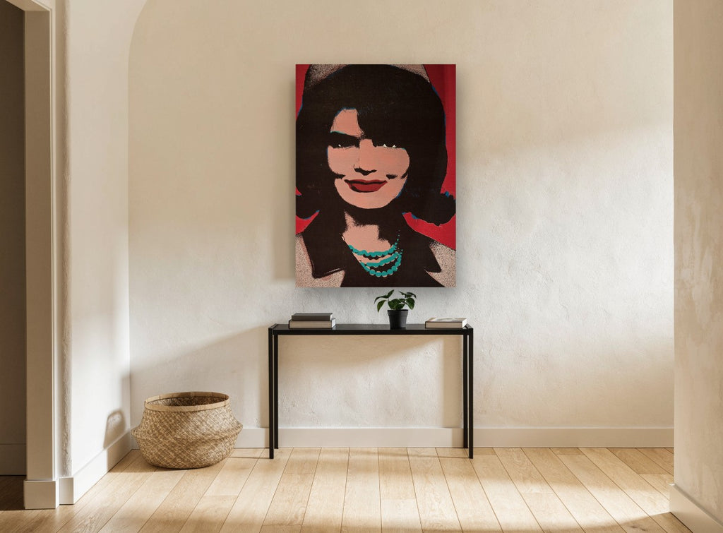 Pop Art Pearls Portrait vintage canvas print on the wall of a hallway