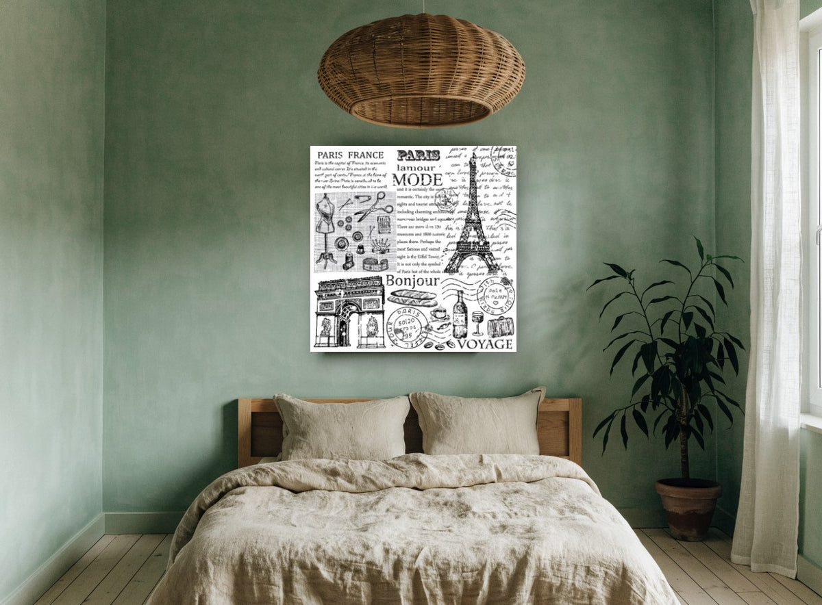 Paris Mode Voyage Collage vintage canvas print on the wall of a bedroom
