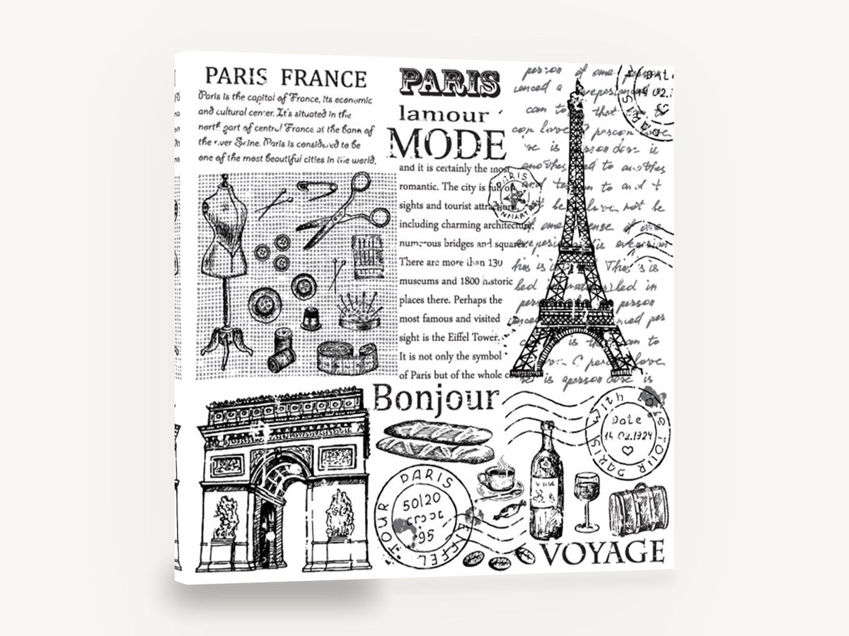Paris Mode Voyage Collage, vintage paris eiffel tower collage, stretched canvas wall art print ready to hang