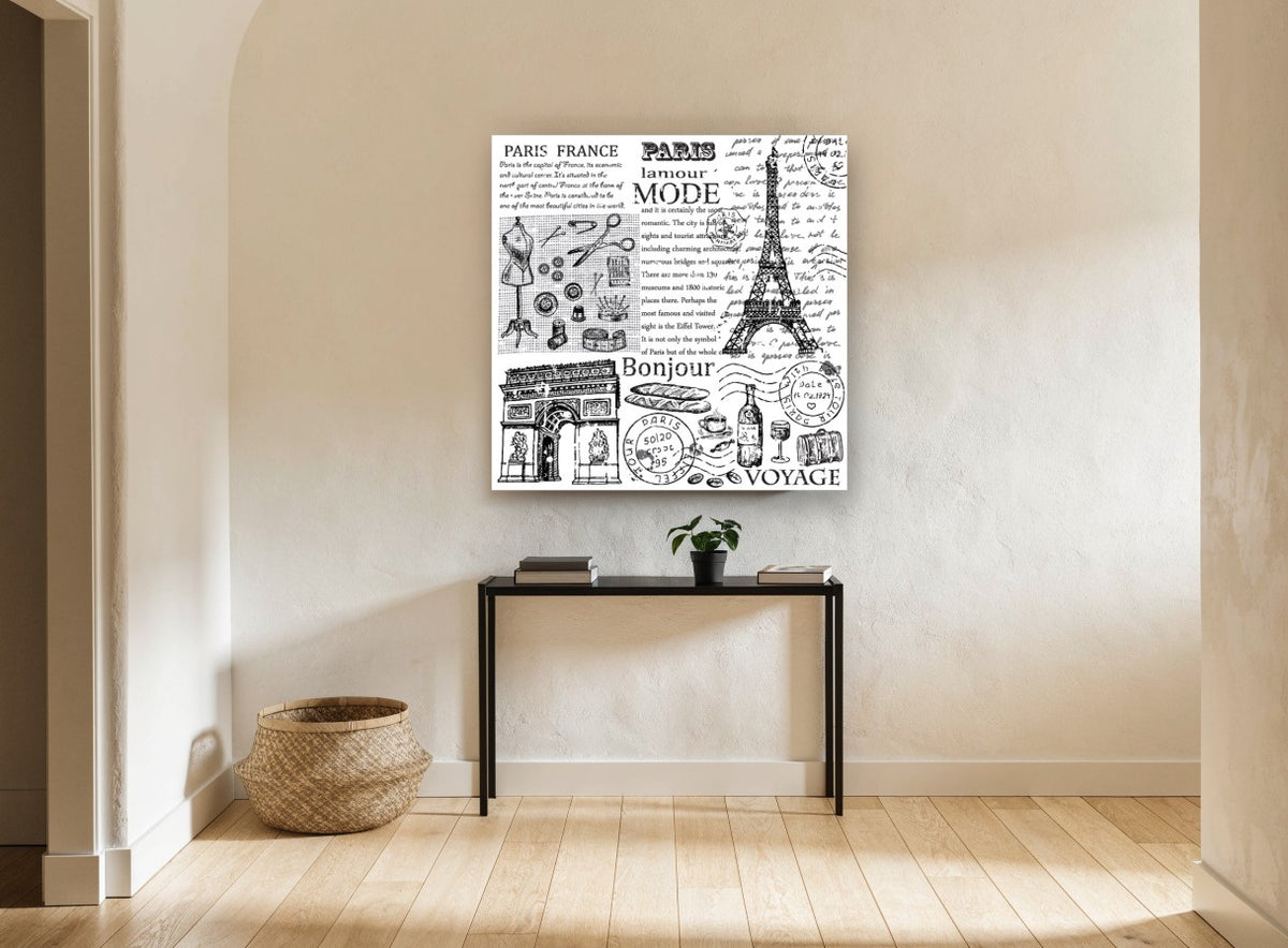 Paris Mode Voyage Collage vintage canvas print on the wall of a hallway