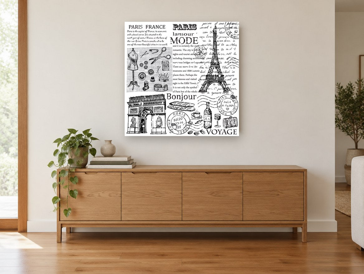 Paris Mode Voyage Collage vintage canvas print on the wall of a living room above a sideboard