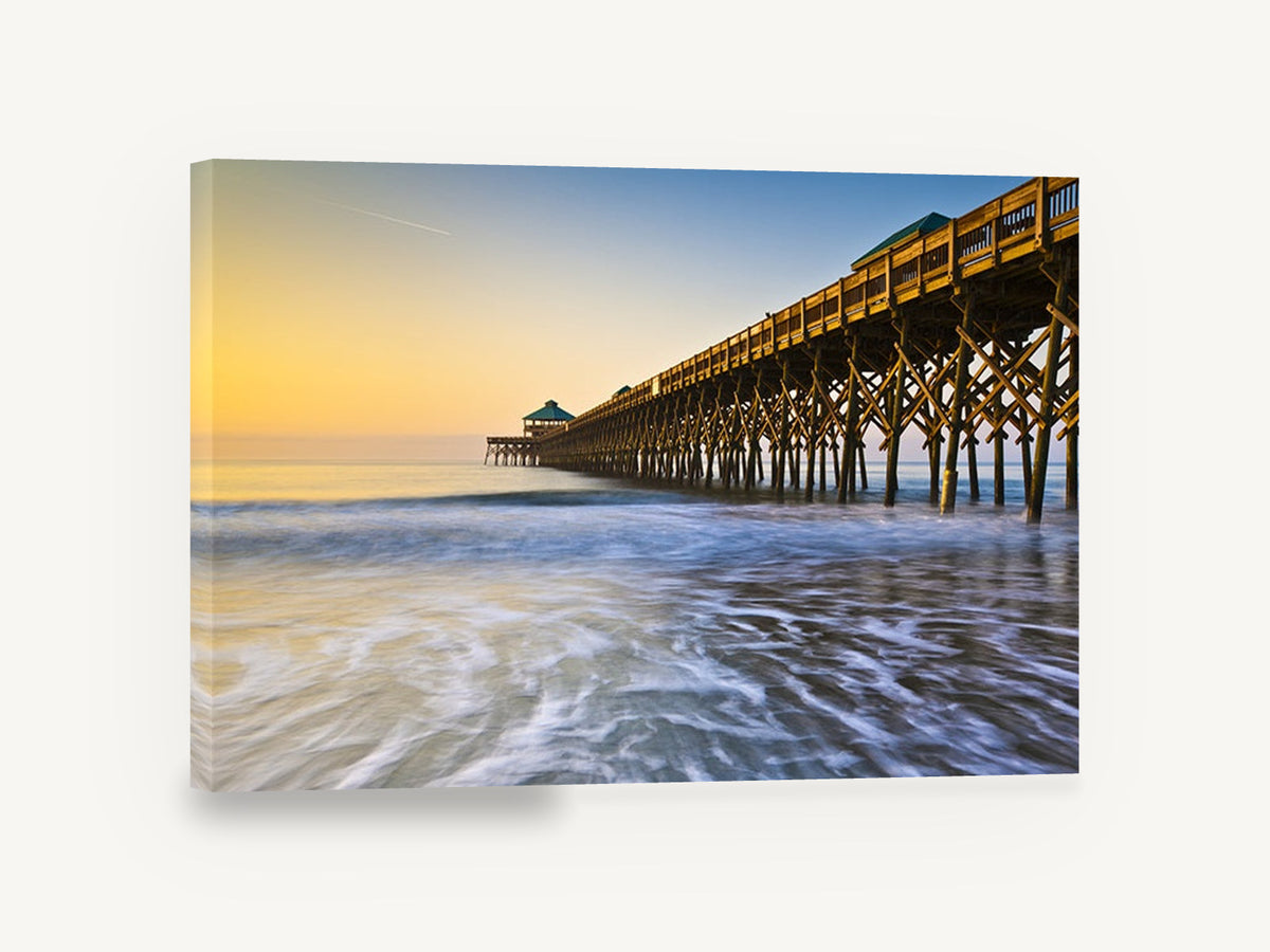 Folly Beach Dawn Pier, folly beach pier sunrise photograph, coastal canvas wall art print ready to hang