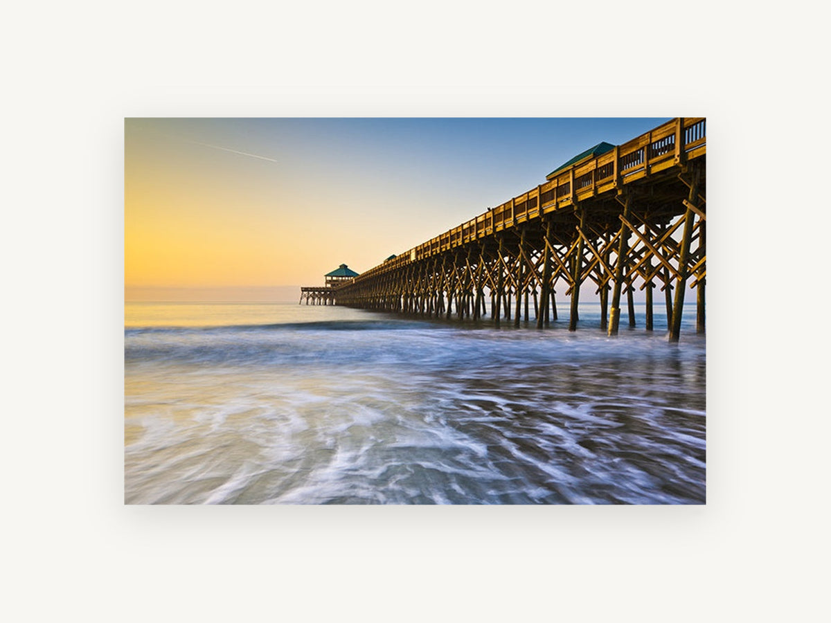 Folly Beach Dawn Pier, coastal canvas wall art print, front view