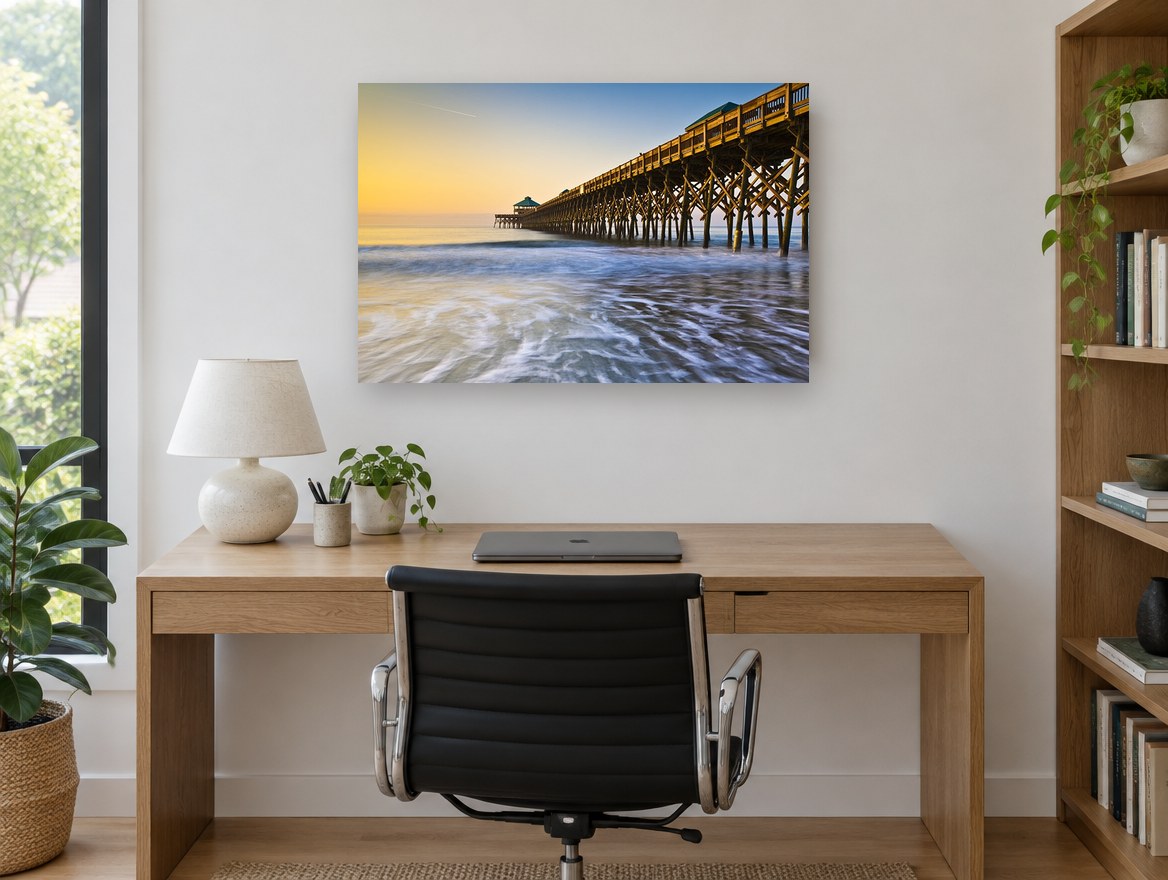 Folly Beach Dawn Pier coastal canvas print on the wall of a study
