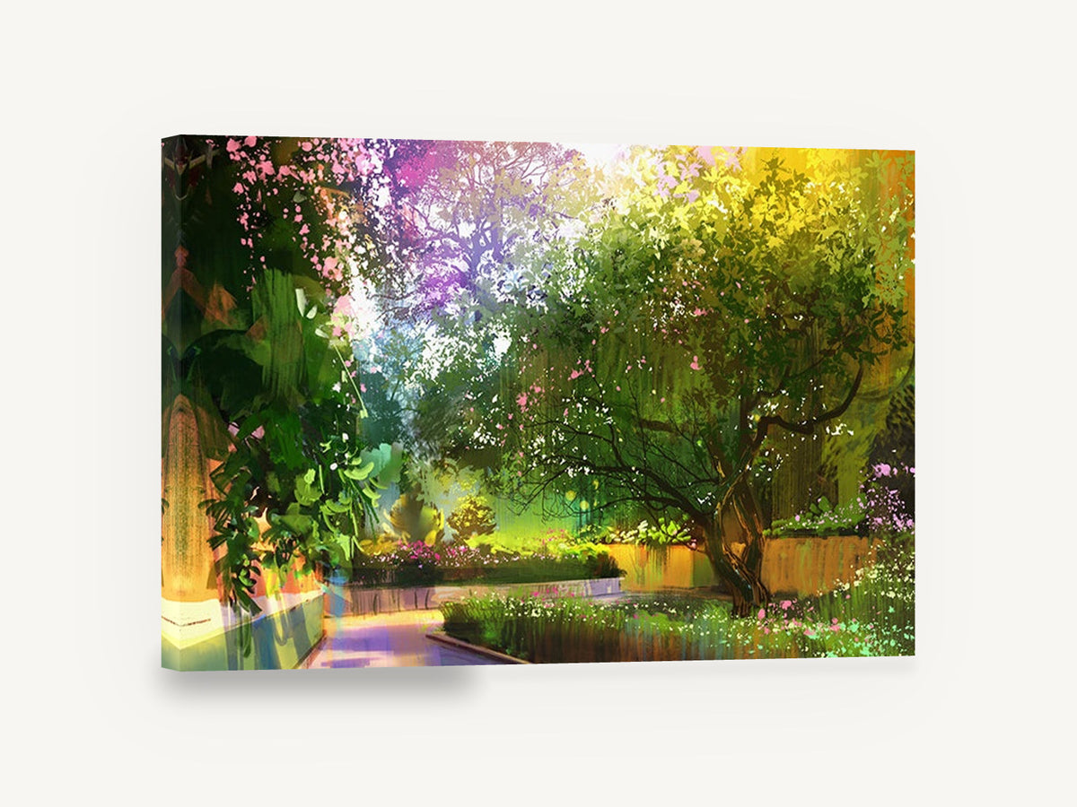 Sunlit Garden Path, colourful sunlit garden path digital art, landscape canvas wall art print ready to hang