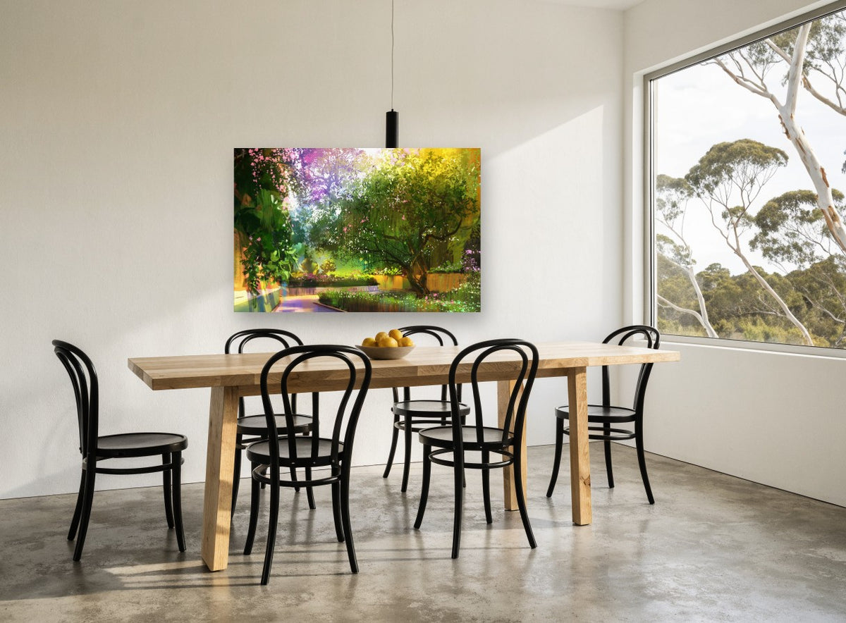 Sunlit Garden Path landscape canvas print on the wall of a dining room